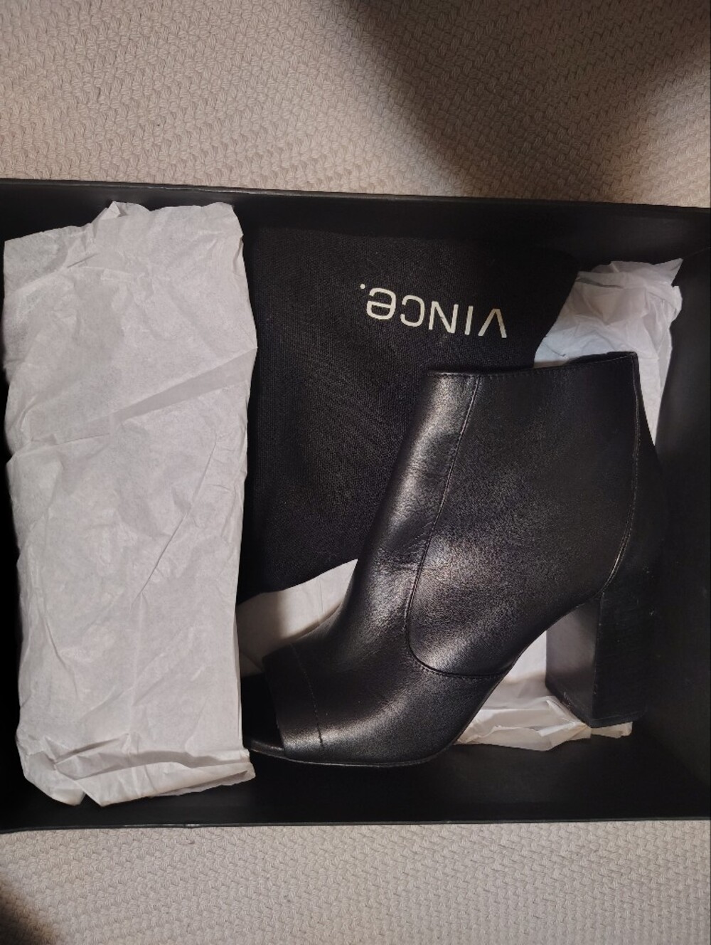 Vince Black Leather Peep-Toe Block Heel Ankle Booties